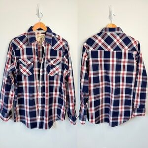 Coastal Blue White Red Plaid Men’s Snap Button Up (L)
